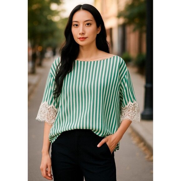 Liz Claiborne Green & White Striped Blouse W/ Lace Cuff Detail M Cotton Blend - Picture 1 of 9